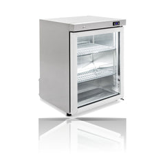 Williams Topaz Compact - One Door Counter Stainless Steel compact glass door Refrigerator on a crisp white background with mirrored reflection