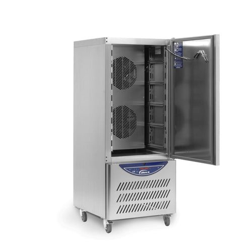 Commercial freezer with open door on a white background