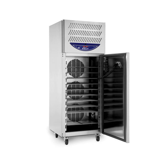 Commercial refrigerator with open door on a white background