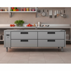 A gray stainless steel kitchen island with six drawers and black handles, set in a modern kitchen with shelves, hanging utensils, and fresh vegetables.