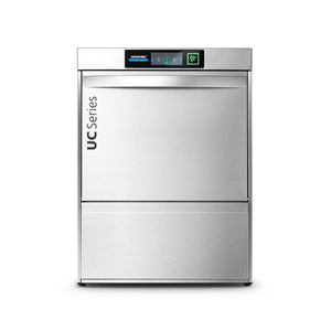 Stainless steel dishwasher with 'UC Series' branding on a white background