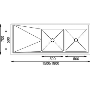 Vogue Vogue 1500mm Double Bowl Sink L/H Drainer 90mm Drain